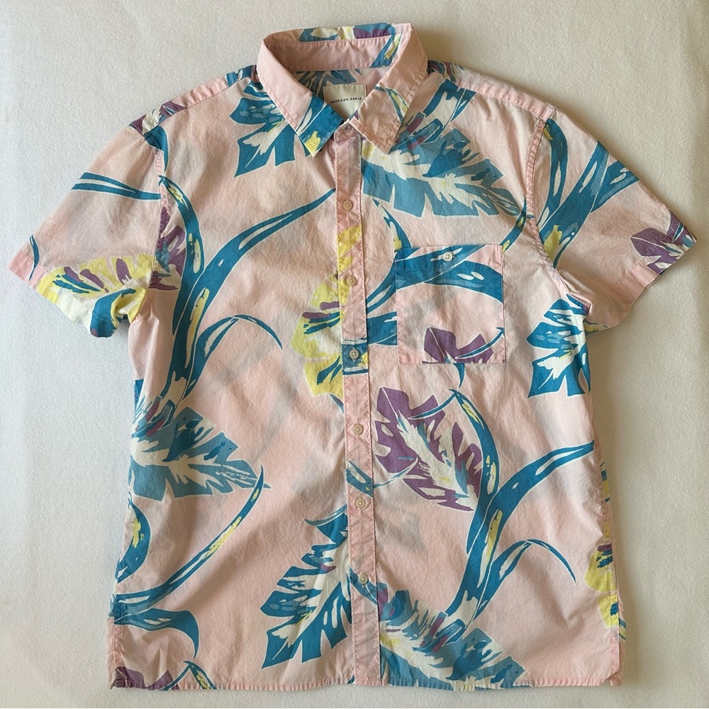 American Eagle Hawaiian Button Down Shirt Pink Blue Cotton Short Sleeve Men’s XL - Picture 6 of 9